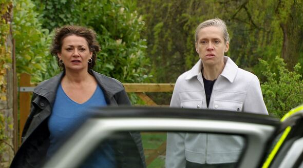 Moira Barton and Ruby Fox-Milligan looking stunned at something happening in front of them